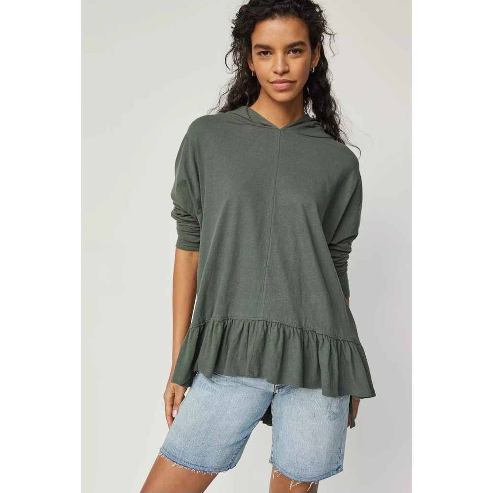 Anthropologie Corinthia Ruffle Hem Hooded Pullover Sweatshirt Green Top S/M NWT